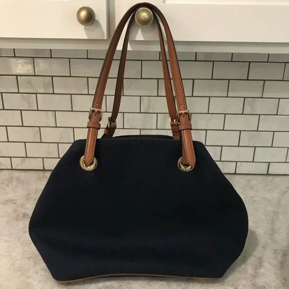 Michael Kors Tote Bag Womens Large Blue Canvas Leather Shoulder Purse MK Charm - Picture 2 of 14